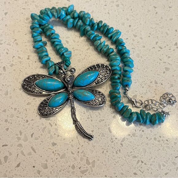 Vintage Western style Cowboy Inspired Turquoise Dragonfly Beads Necklace Pendant - Picture 10 of 12